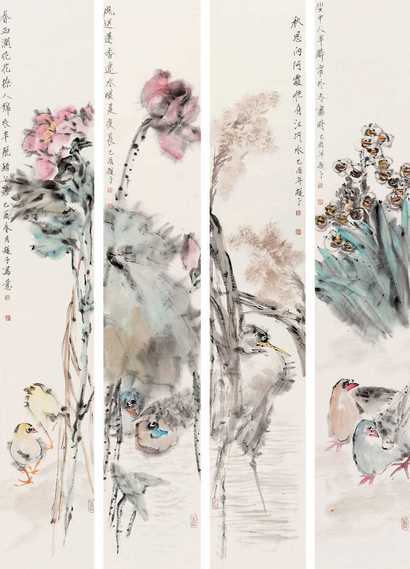陆越子 花鸟 四屏